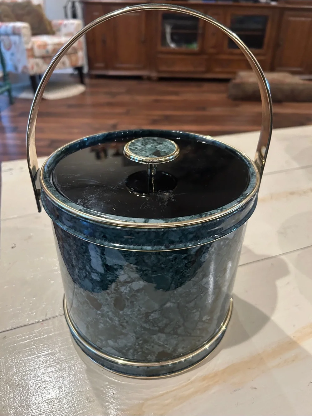 Vintage Faux Green Marble Ice Bucket with Gold Trim